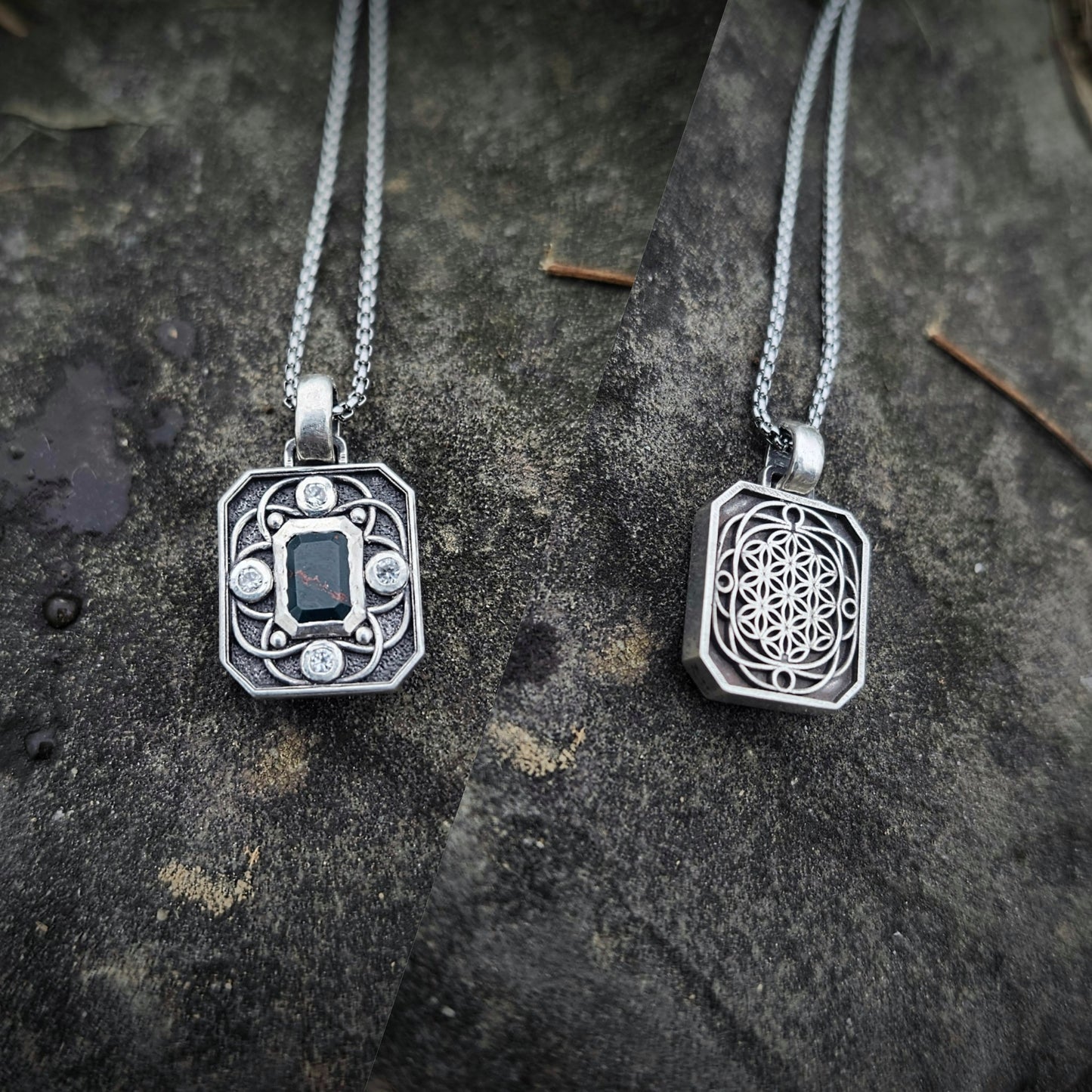 The Origin Tablet – Sterling Silver Bloodstone & Sapphire Pendant