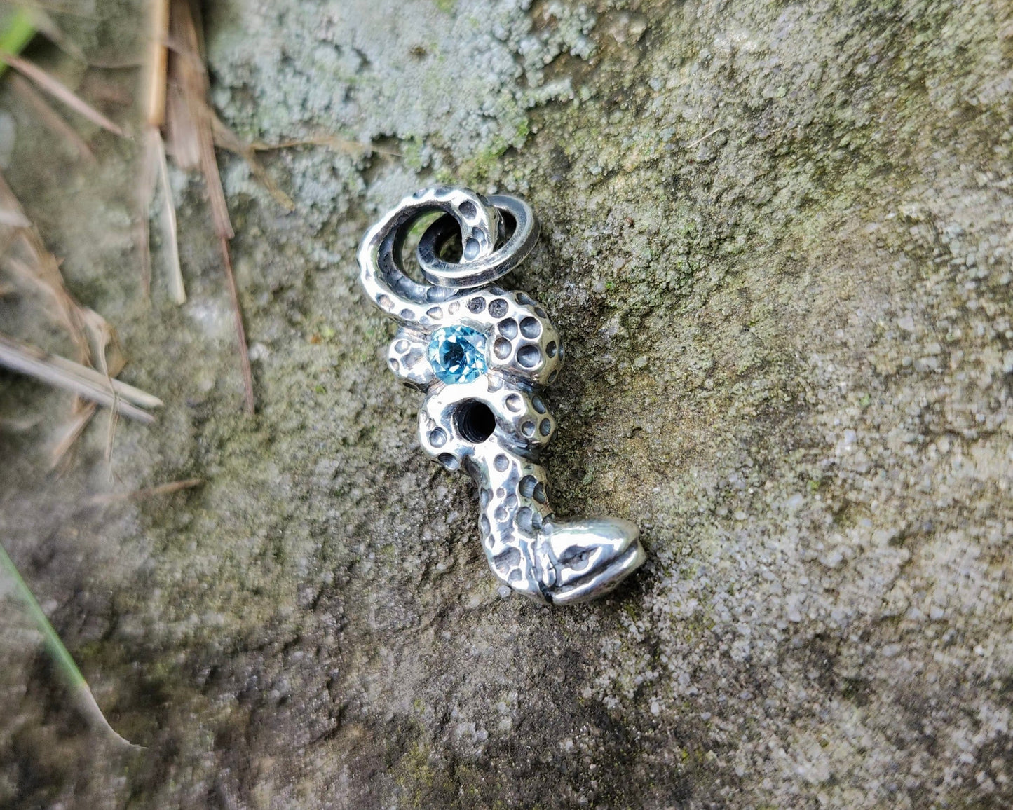 Blue Topaz Serpent Pendant – Hand-Carved Sterling Silver Jewelry
