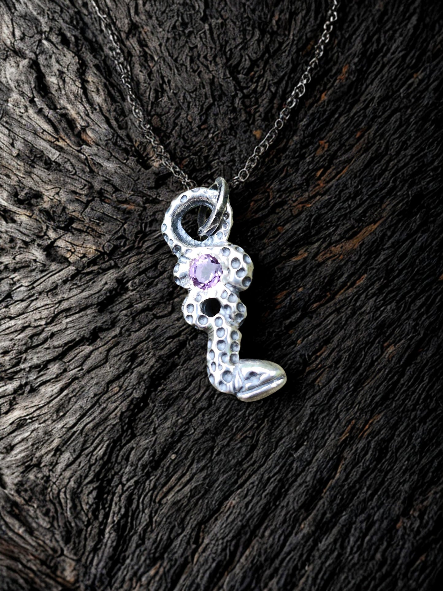 Amethyst’s snake pendant on natural wood grain background, nature, artisan jewelry