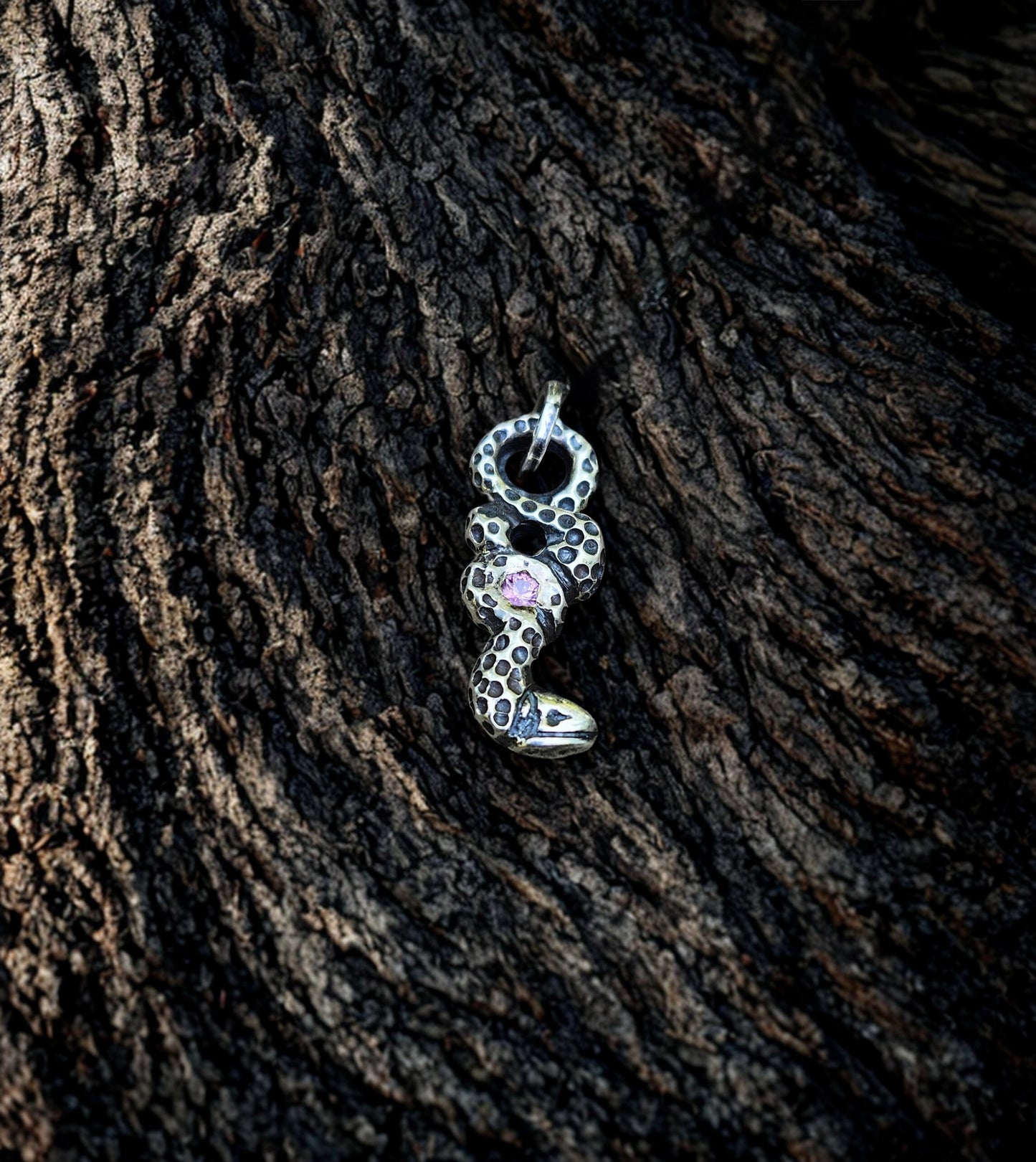 Pink Sapphire Serpent Pendant – Hand Carved Sterling Silver Jewelry