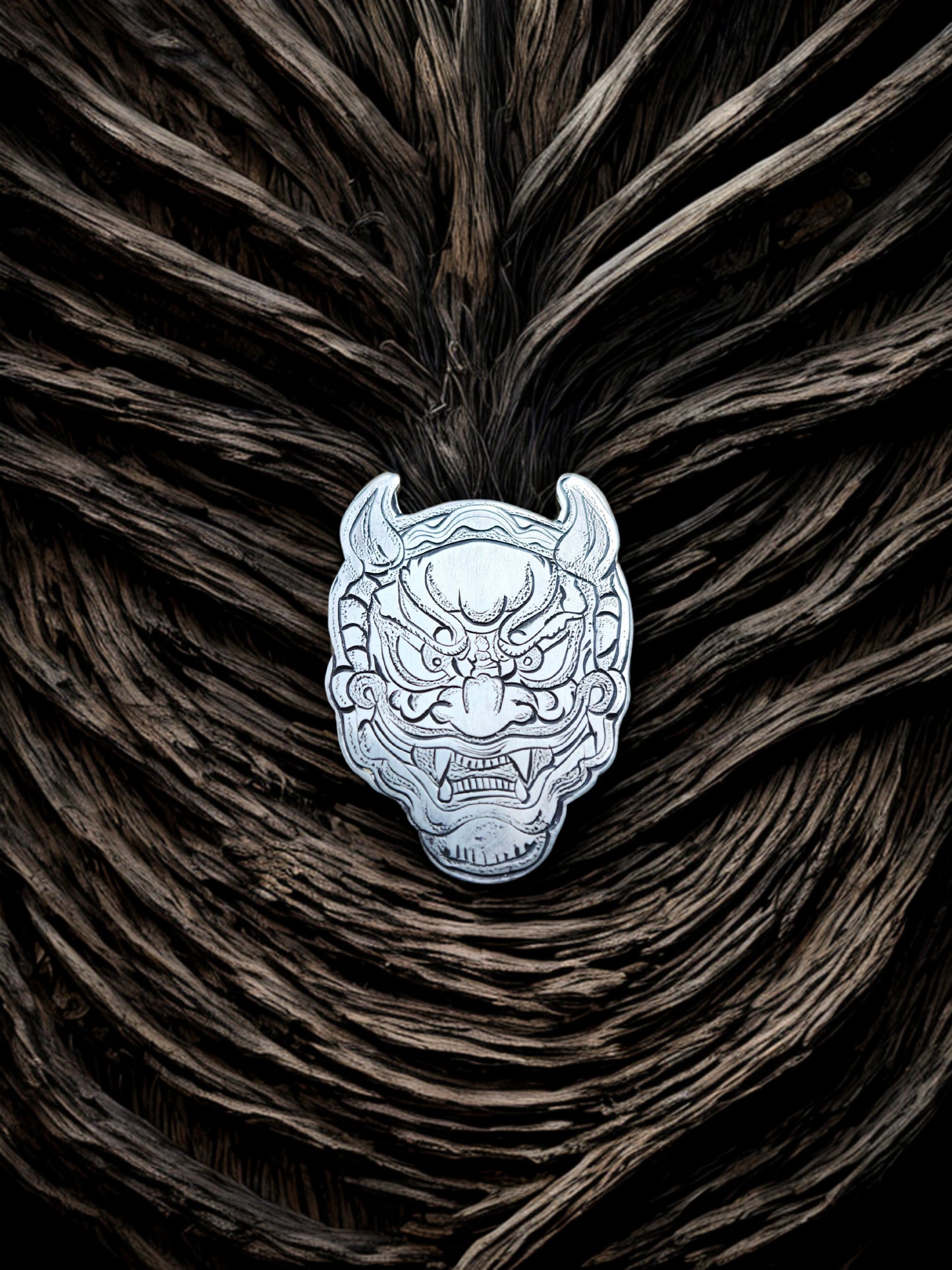 Silver Oni Mask – Hand-Engraved Pendant