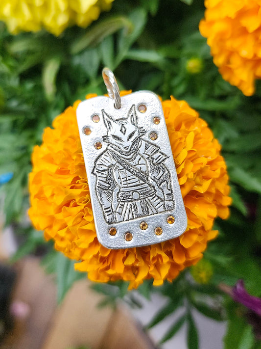 Kitsune Warrior Dog Tag β Sterling Silver Pendant with Fire Opals