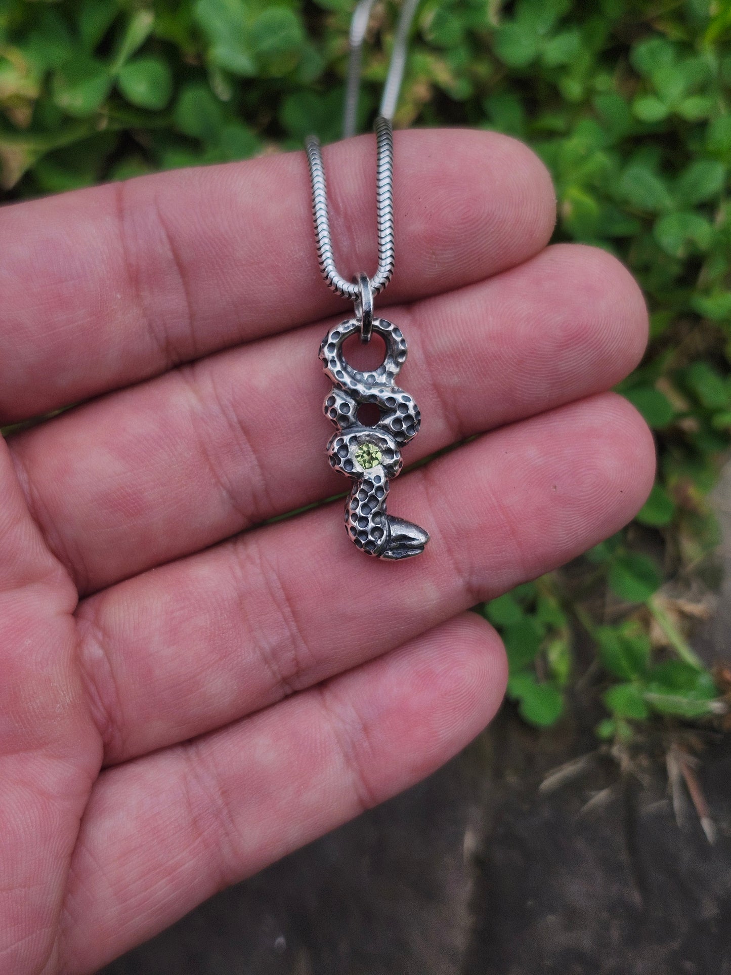 Peridot Serpent Pendant – Hand-Carved Sterling Silver Jewelry