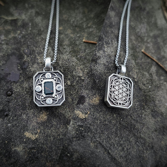 The Origin Tablet – Sterling Silver Bloodstone & Sapphire Pendant