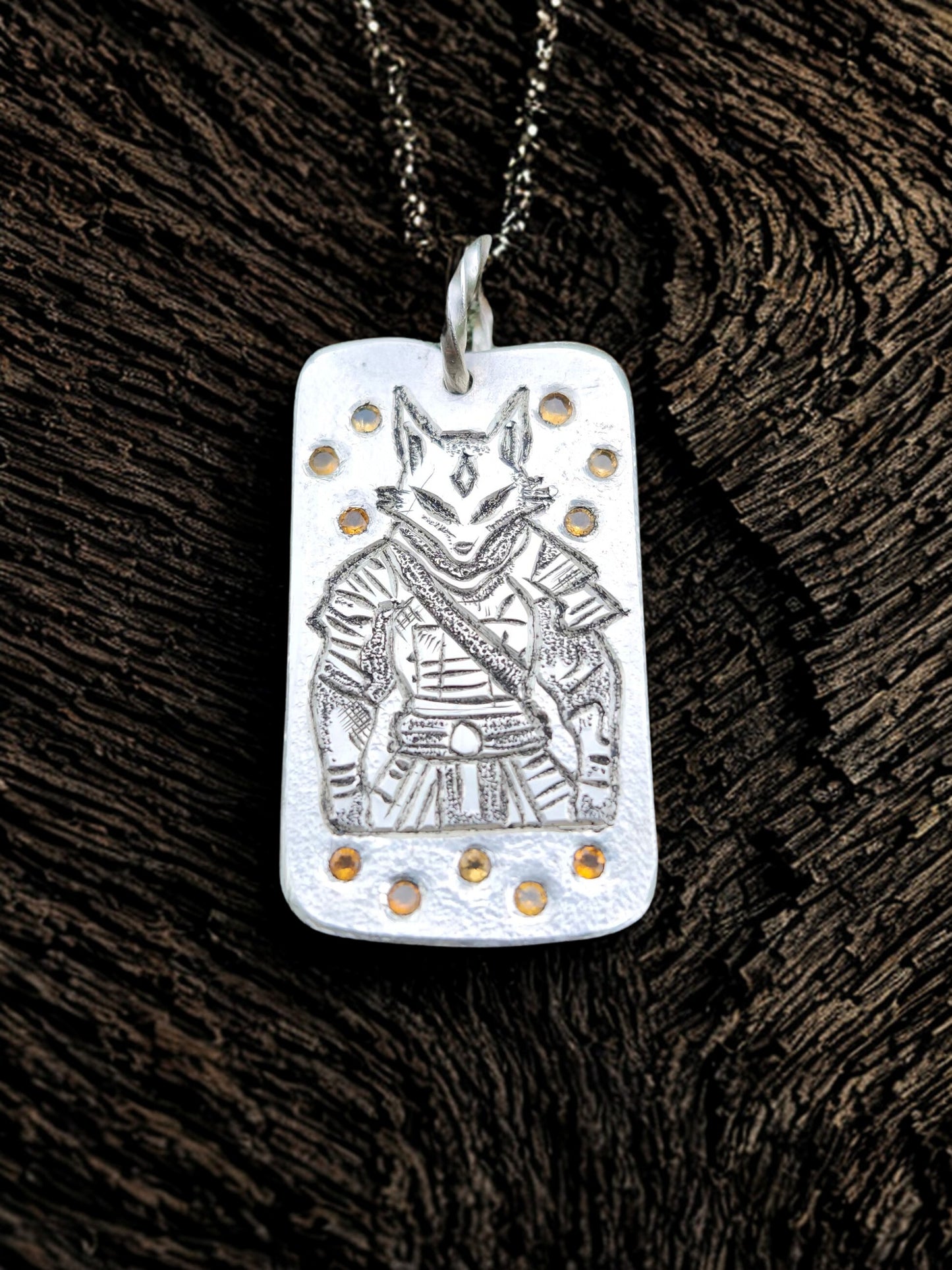 Kitsune Warrior Dog Tag – Sterling Silver Pendant with Fire Opals