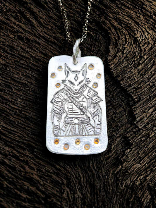 Kitsune Warrior Dog Tag – Sterling Silver Pendant with Fire Opals