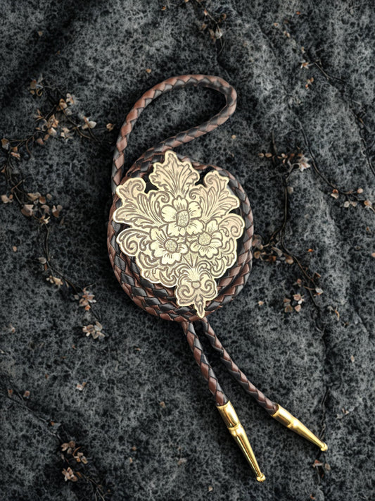 Filigree Bouquet Bolo Tie – Hand-Engraved Brass on Braided Leather