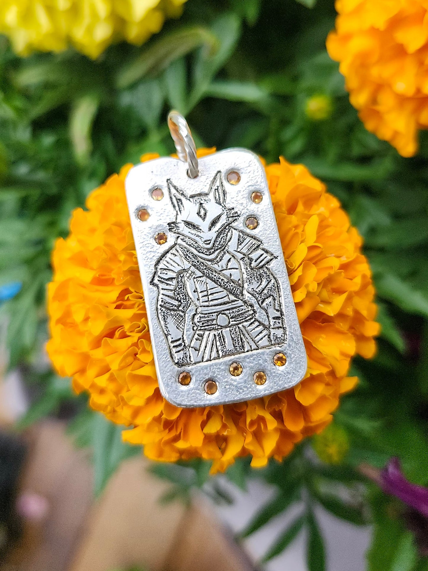 Kitsune Warrior Dog Tag – Sterling Silver Pendant with Fire Opals